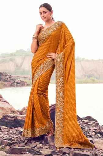  mustard resham & zari embroidery  satin silk saree with unstitched blouse