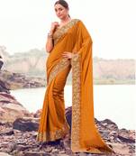 mustard resham & zari embroidery  satin silk saree with unstitched blouse