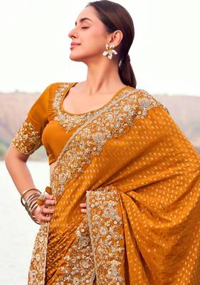  mustard resham & zari embroidery  satin silk saree with unstitched blouse 2