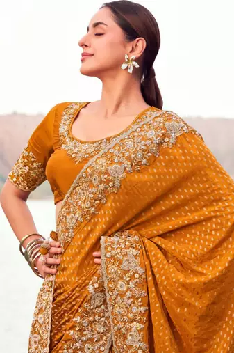  mustard resham & zari embroidery  satin silk saree with unstitched blouse