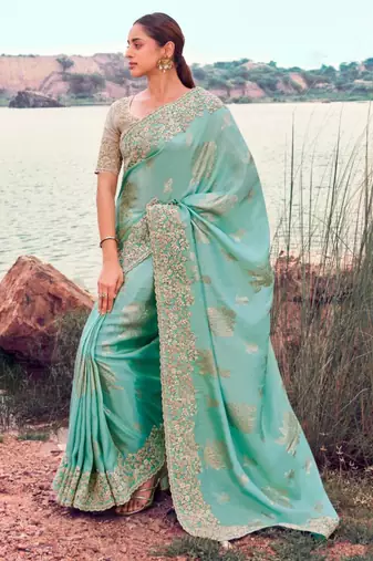 sky blue multi work tissue silk saree with unstitched blouse