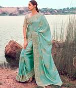 sky blue multi work tissue silk saree with unstitched blouse