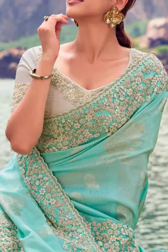 sky blue multi work tissue silk saree with unstitched blouse