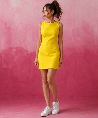 Yellow round neck sleeveless mini schiffli dress 1