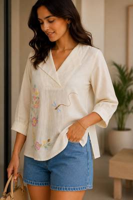 Off white embroidered work v neck cotton tunic 1