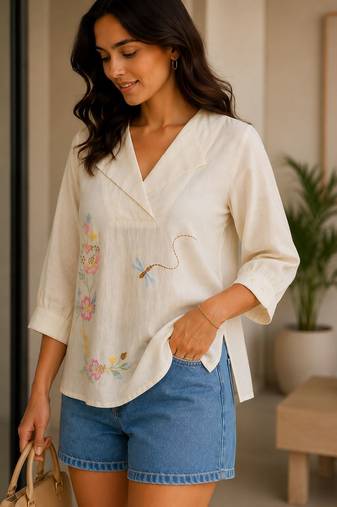 Off white embroidered work v neck cotton tunic