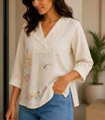 Off white embroidered work v neck cotton tunic
