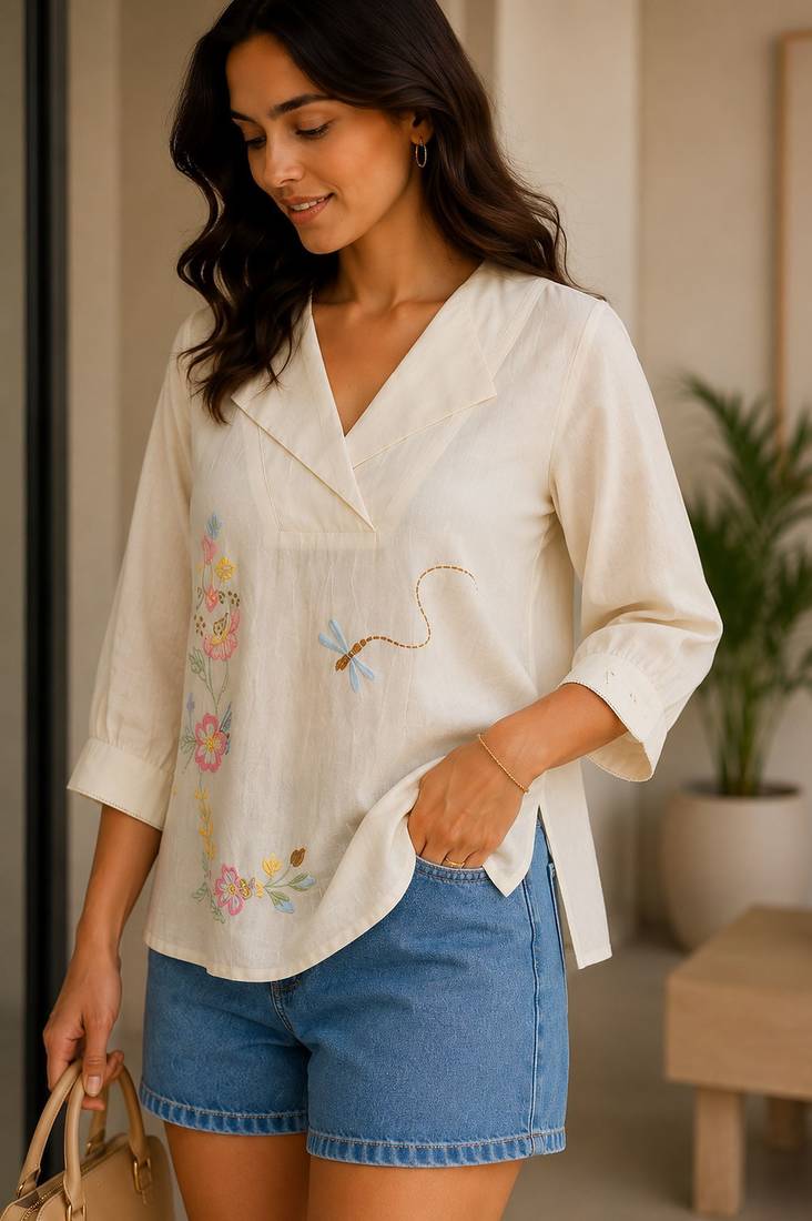 Off white embroidered work v neck cotton tunic