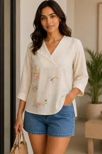 Off white embroidered work v neck cotton tunic