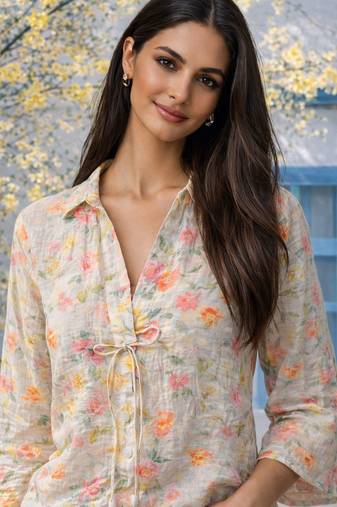 Designer beige floral printed casual v neck tunic