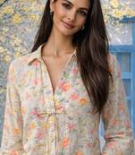 Designer beige floral printed casual v neck tunic