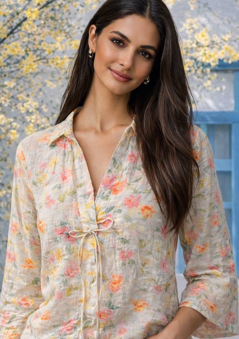 Designer beige floral printed casual v neck tunic