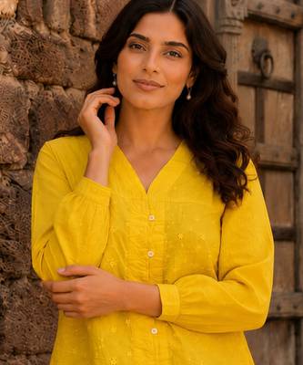 Yellow color schiffli embroidered v neck casual tunic 1