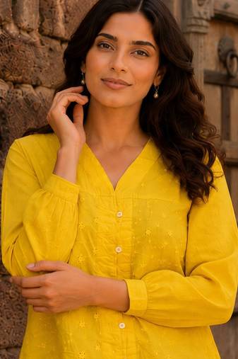 Yellow color schiffli embroidered v neck casual tunic