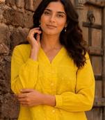 Yellow color schiffli embroidered v neck casual tunic