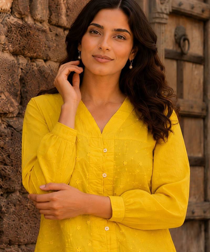 Yellow color schiffli embroidered v neck casual tunic
