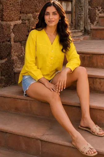Yellow color schiffli embroidered v neck casual tunic