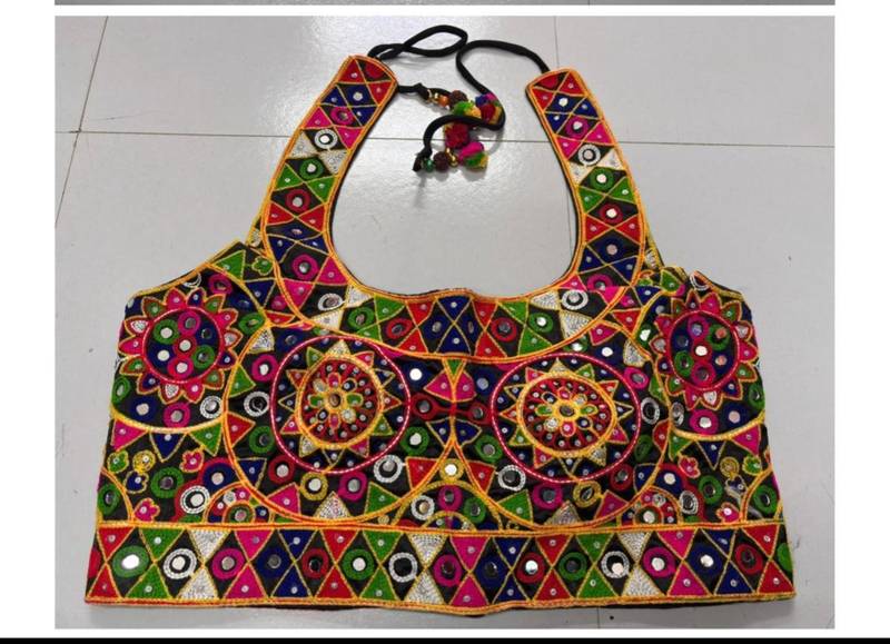 Multicolor embroidered satin u-neck blouse