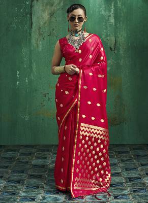 Rani pink satin silk blend saree with gold zari buti 1