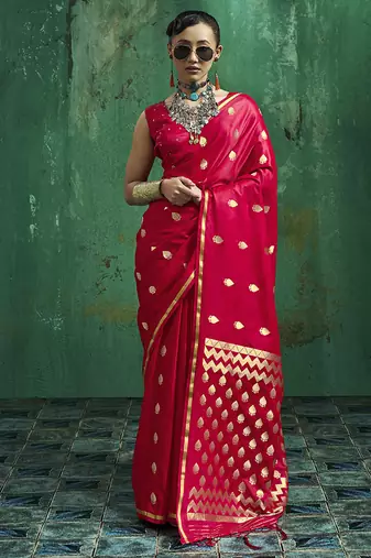 Rani pink satin silk blend saree with gold zari buti