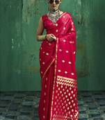 Rani pink satin silk blend saree with gold zari buti