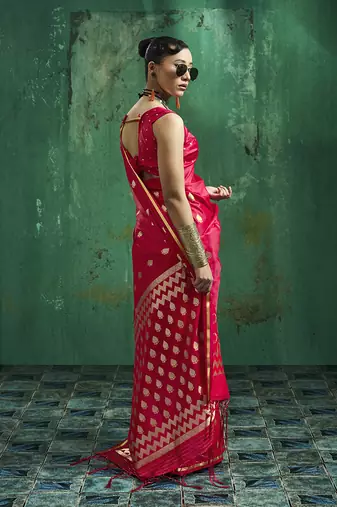 Rani pink satin silk blend saree with gold zari buti