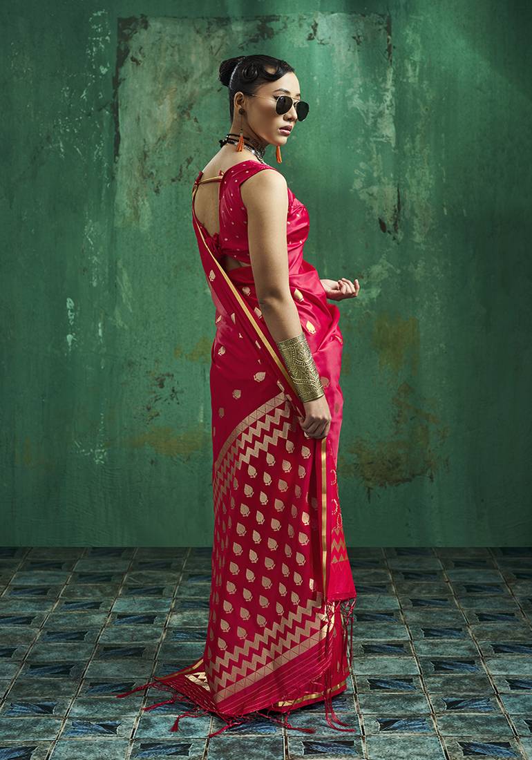 Rani pink satin silk blend saree with gold zari buti
