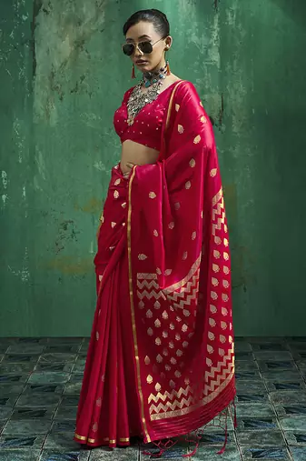 Rani pink satin silk blend saree with gold zari buti