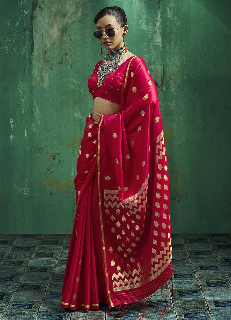 Rani pink satin silk blend saree with gold zari buti
