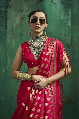 Rani pink satin silk blend saree with gold zari buti
