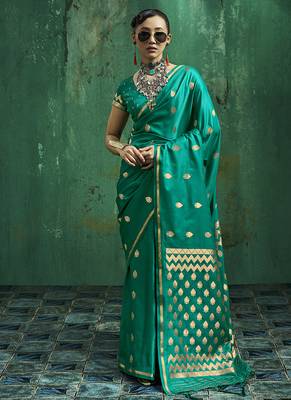 Teal green satin silk blend saree with gold zari buti 1