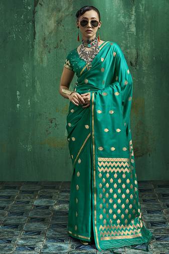 Teal green satin silk blend saree with gold zari buti