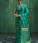 Teal green satin silk blend saree with gold zari buti
