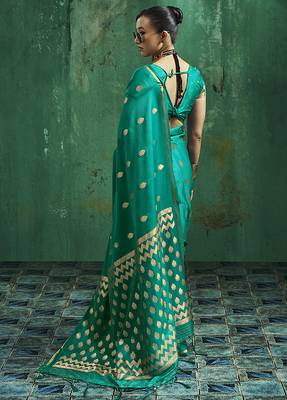 Teal green satin silk blend saree with gold zari buti 2