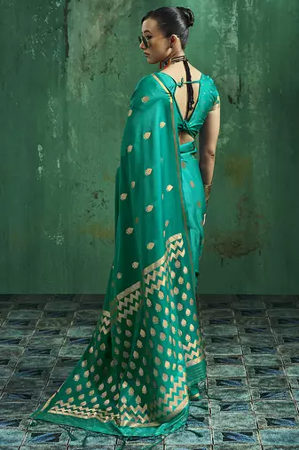Teal green satin silk blend saree with gold zari buti