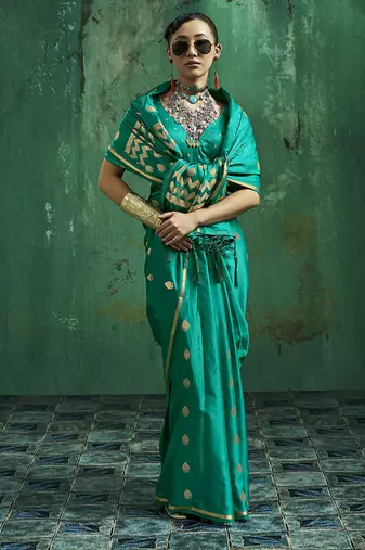 Teal green satin silk blend saree with gold zari buti