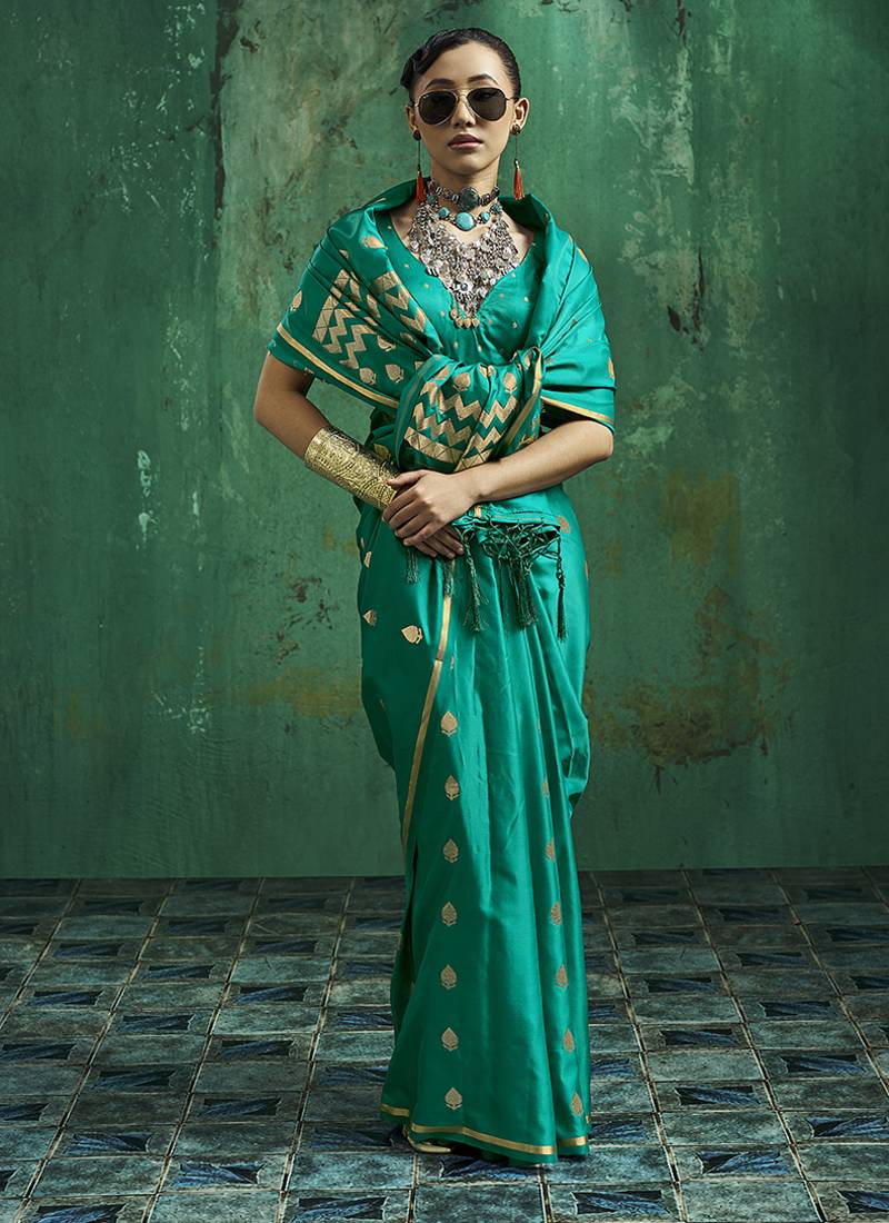 Teal green satin silk blend saree with gold zari buti