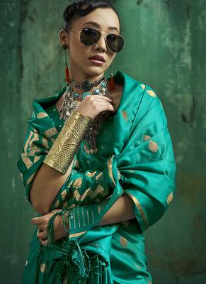 Teal green satin silk blend saree with gold zari buti 4