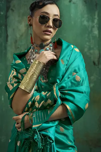 Teal green satin silk blend saree with gold zari buti