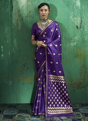Violet satin silk blend saree with gold zari buti 1