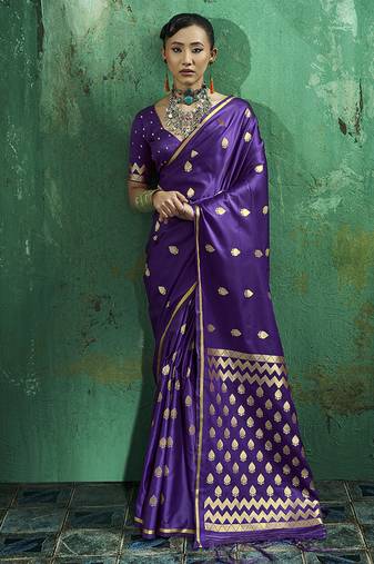 Violet satin silk blend saree with gold zari buti