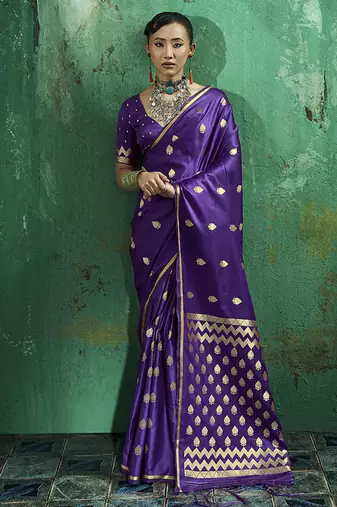 Violet satin silk blend saree with gold zari buti