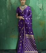 Violet satin silk blend saree with gold zari buti