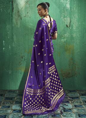 Violet satin silk blend saree with gold zari buti 2