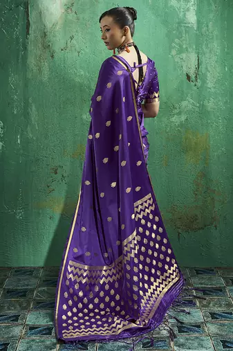 Violet satin silk blend saree with gold zari buti