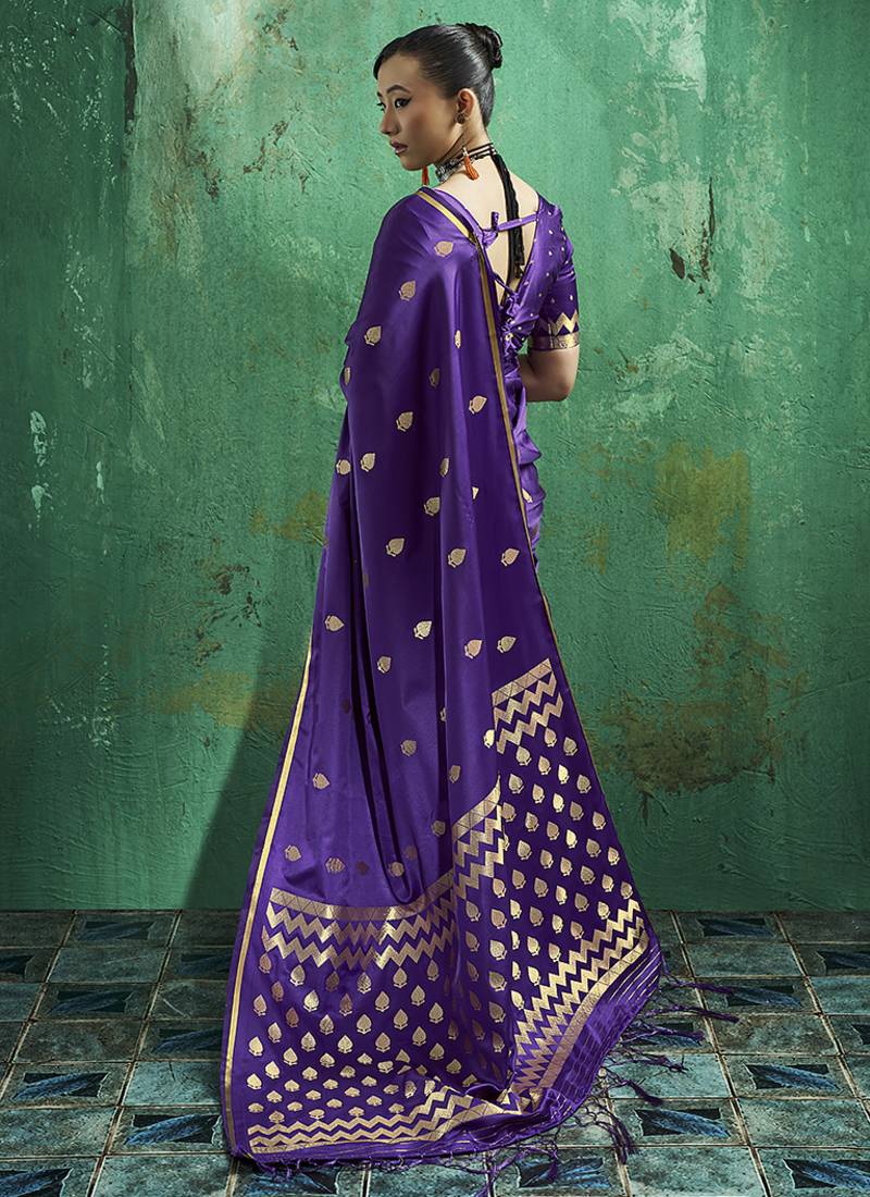 Violet satin silk blend saree with gold zari buti
