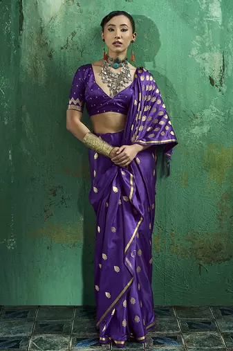 Violet satin silk blend saree with gold zari buti