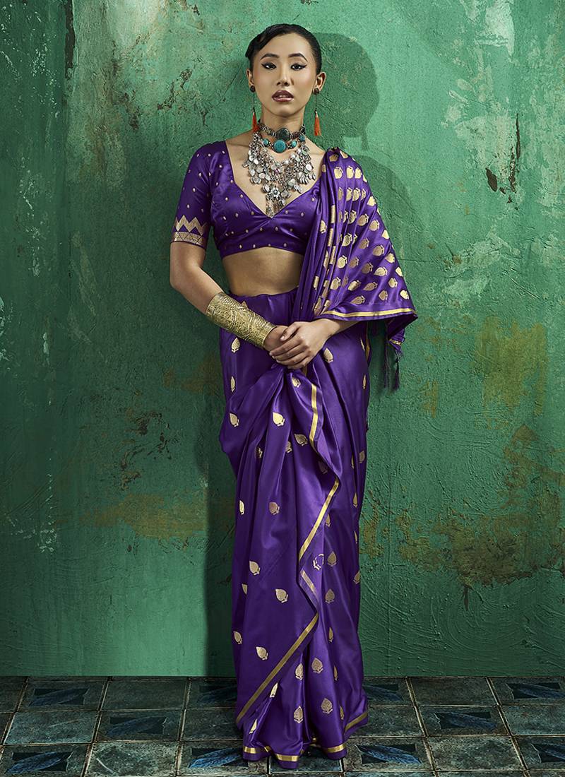 Violet satin silk blend saree with gold zari buti