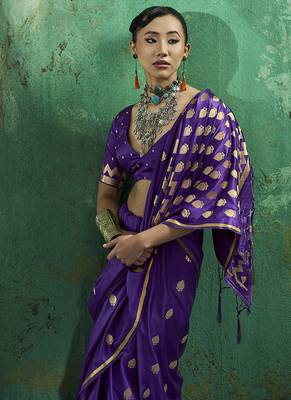 Violet satin silk blend saree with gold zari buti 4