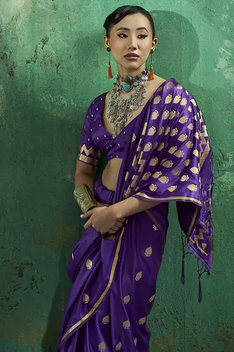 Violet satin silk blend saree with gold zari buti